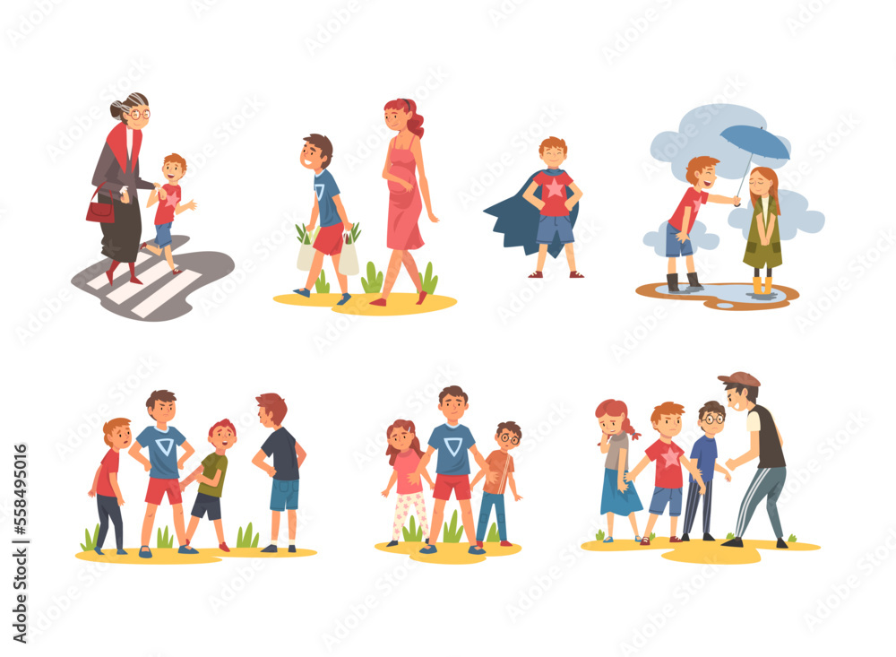 Brave boys defending little kids set. Polite children helping elderly and pregnant woman to carry shopping bags and cross road cartoon vector illustration