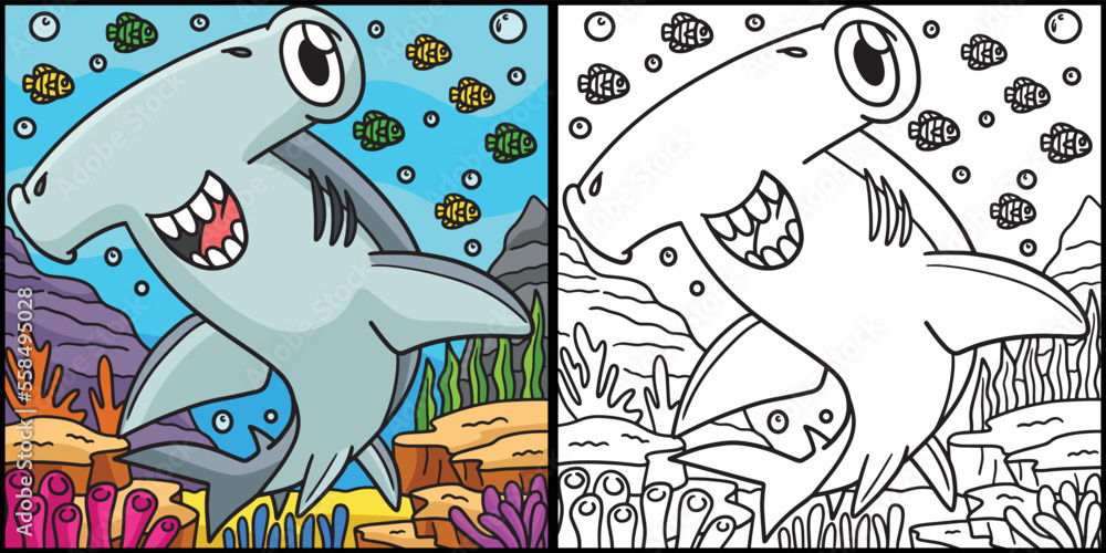 Hammerhead Shark Coloring Page Illustration - obrazy, fototapety, plakaty 