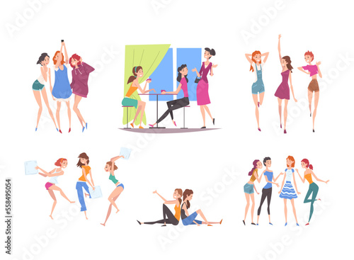 Set of happy girls having slumber party. Girl in pajamas cheating, having fun and fighting with pillows cartoon vector illustration