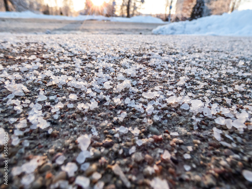 Salt grains on icy sidewalk surface in the winter. Applying salt to keep roads clear and people safe in winter weather from ice or snow