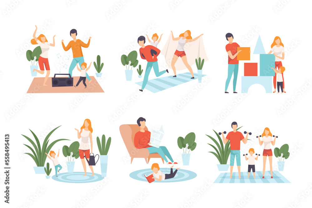 Happy family having good time at home set. Parents and kids dancing, play toy blocks, doing sports, reading book cartoon vector illustration