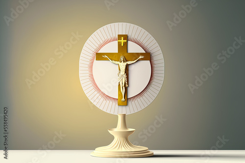 Eucharistic crucifix illustration with a beige backdrop and a white table. Generative AI