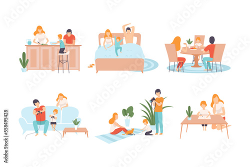 Happy family having good time at home set. Parents and kids cooking in kitchen, sleeping, playing computer games, reading book cartoon vector illustration