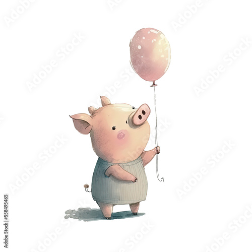 Cute Watercolour Animal Holding a Balloon Illustration photo