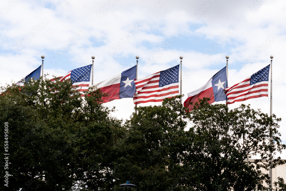Flag of the United States and Flag of Texas waving in the wind with blue sky in the background. 