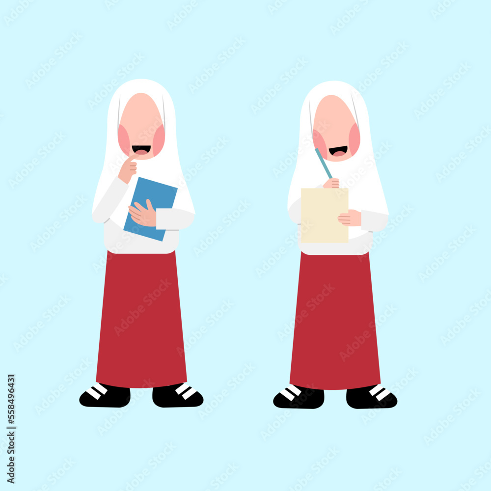 Set Of Indonesian Hijab Elementary Student Character Set Of Indonesian Hijab Elementary Student Character