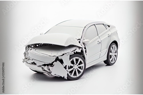 Accident on the road damages the front of the white automobile. On a white backdrop, alone. with clipping path saved. Generative AI