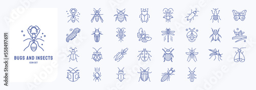  Bugs and Insects icon set, including icons like Ant, Beetle, boxelder, Caterpillar, Spider, Termite, Titan beetle, Bed bug, Firefly, Grasshopper, butterfly. vector illustrations