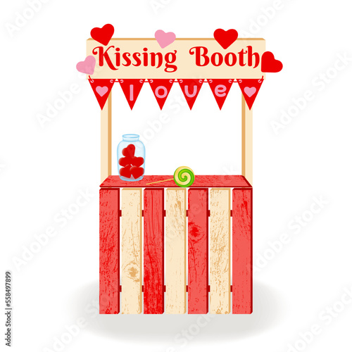 Kissing booth. Wooden Kissing booth decorated with love symbols and a garland with flags. For celebrating Valentine's Day, wedding or birthday. Vector illustration.