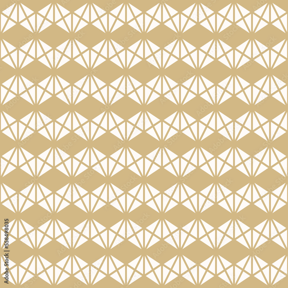 Fototapeta premium Golden vector geometric seamless pattern with triangles, zigzag, grid. Gold and white minimal geo ornament background. Simple luxury texture. Modern repeat design for decor, print, textile, wallpapers