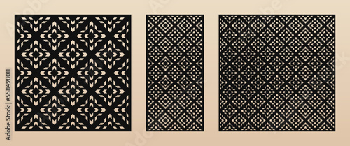 Laser cut panels. Vector template with abstract geometric pattern, lines, diamonds, grid, net. Decorative set in modern ethnic style. Stencil for laser cutting of wood, metal. Aspect ratio 1:2, 1:1