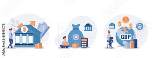 Public finance illustration set. Characters integrating with government institutions. Central bank, federal budget and GDP statistics concept. Vector illustration