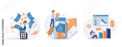 Cost optimization concept set. Idea of financial and marketing strategy. Cost and income balance. Spending and cost reduction, while maximizing business value. Isolated flat illustration vector