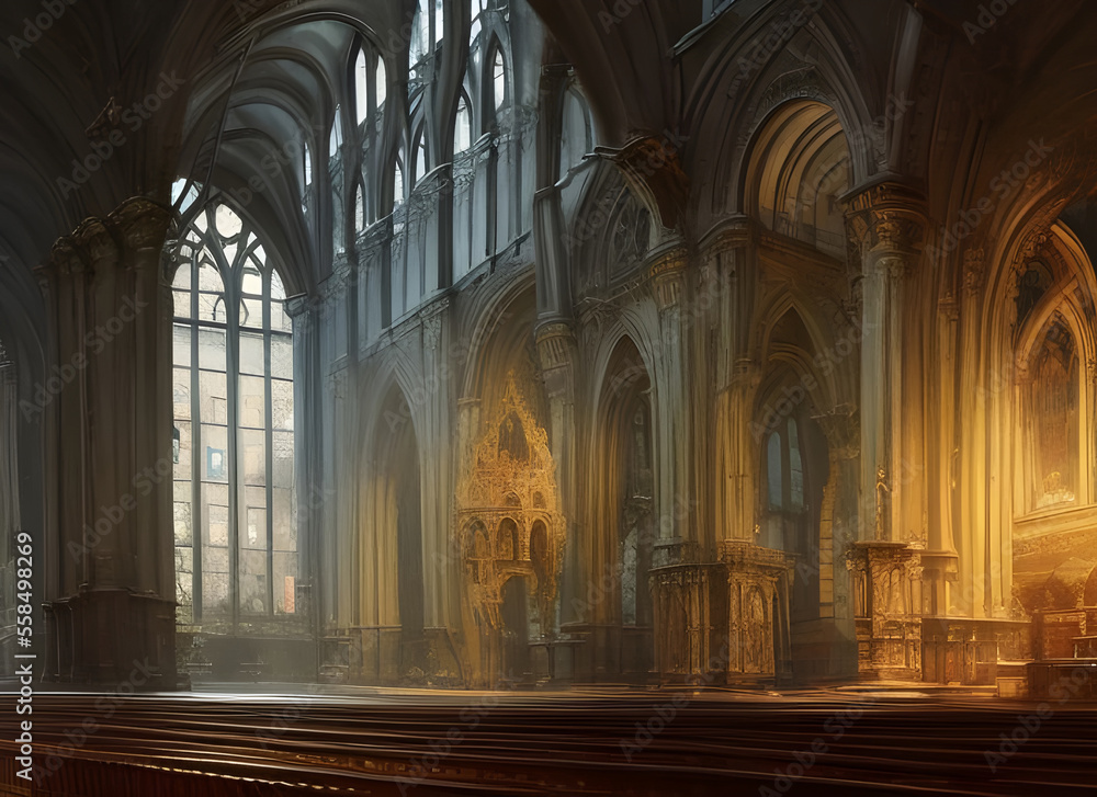 Atmospheric painting of the interior of a european medieval cathedral. generative ai illustration