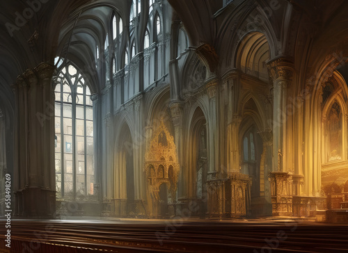 Atmospheric painting of the interior of a european medieval cathedral. generative ai illustration