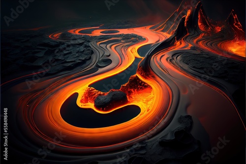 Cooling lava after a volcanic eruption in black. AI generated art illustration. 