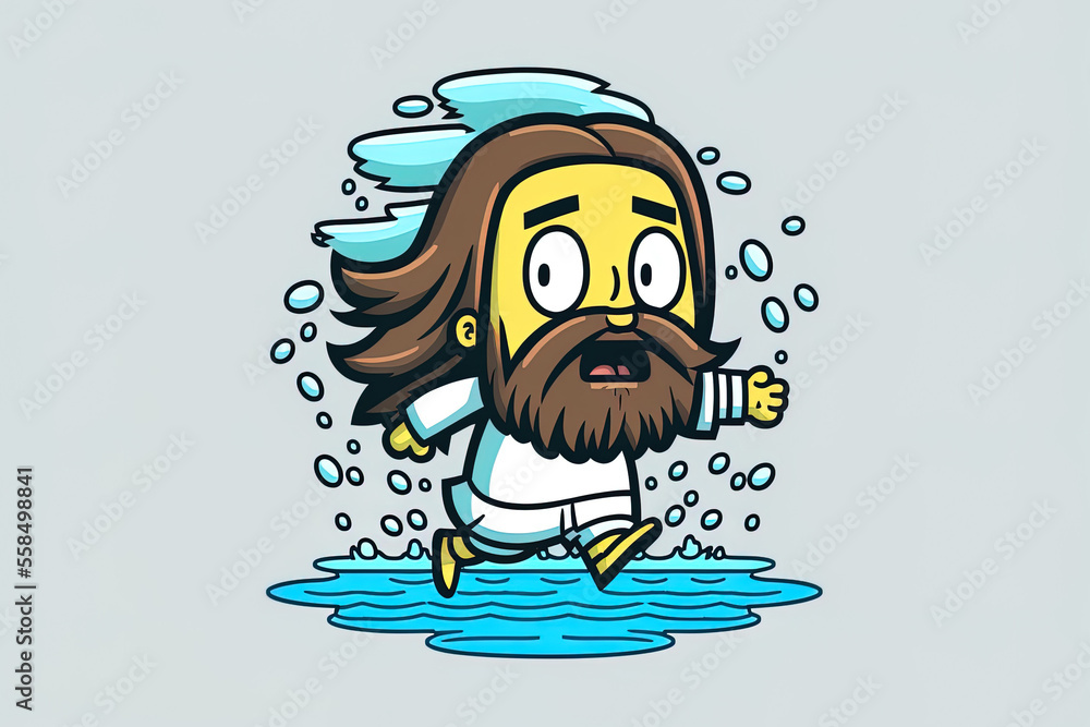 Cartoon representation of Jesus Christ walking on water. Illustration