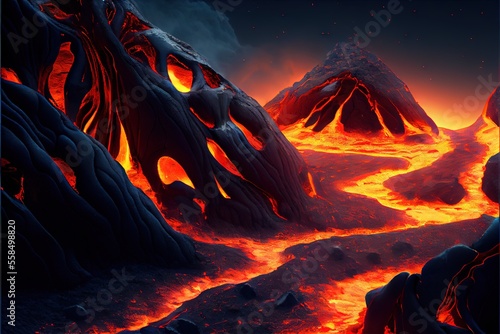 Cooling lava after a volcanic eruption in black. AI generated art illustration. 