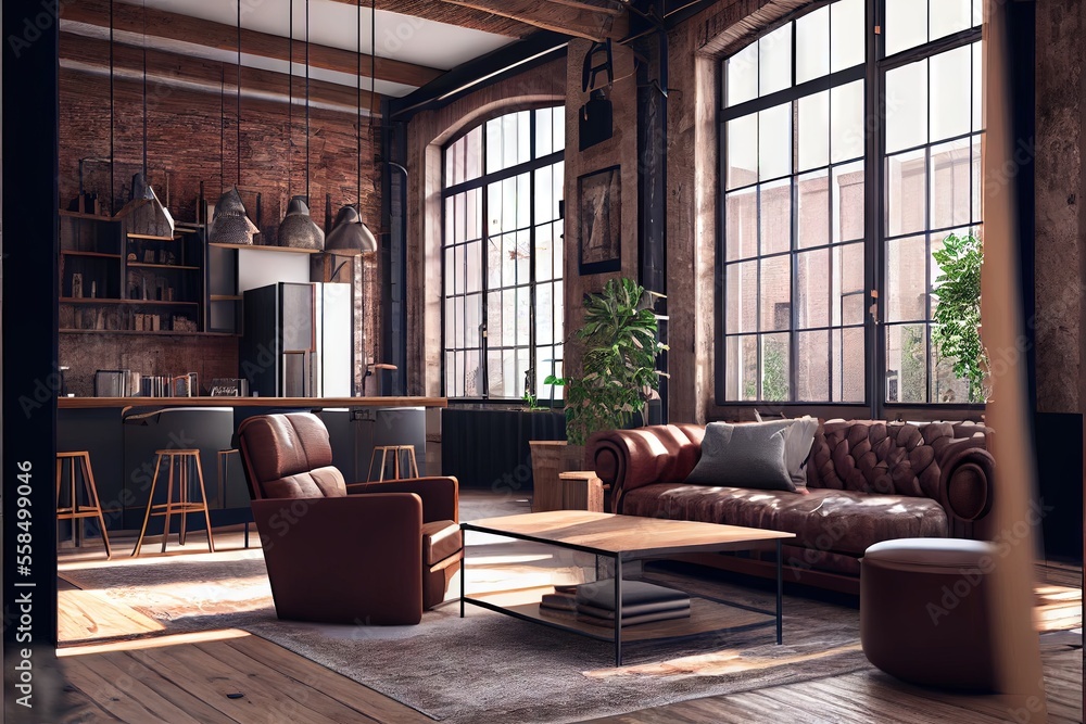 Living room interior in loft industrial style. AI generated art illustration.	
