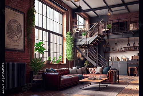 Living room interior in loft industrial style. AI generated art illustration.   © Дима Пучков