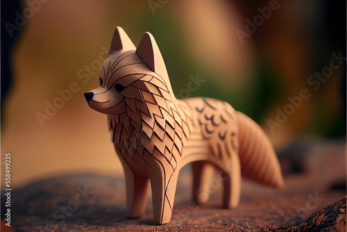 Winterwolf wooden toy little cute. AI generated art illustration.	
 photo