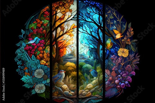 Luminous stained glass window. AI generated art illustration.	
