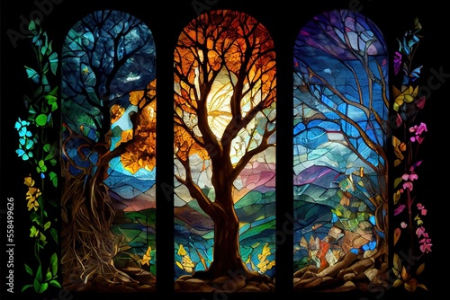 Luminous stained glass window. AI generated art illustration.	
