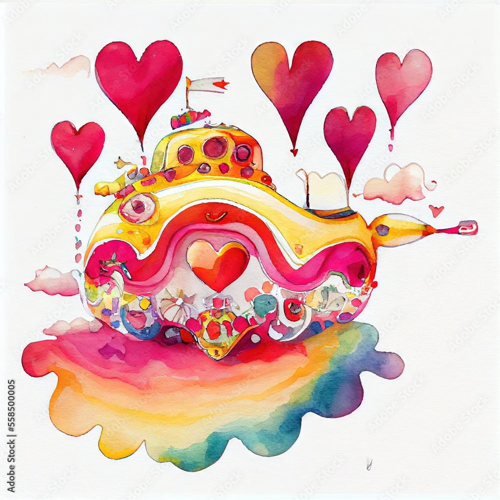 Watercolor white background yellow submarine style. AI generated art