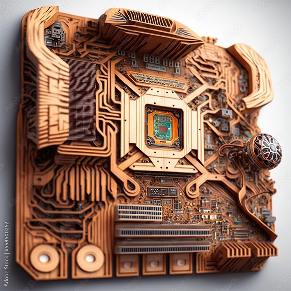 Motherboard made of wood, concept of green technology, created with