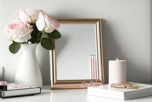 Modern feminine home office desk with mockup of a white tablet screen, beautiful table light, accessories for doing cosmetics, and a mirror. Generative AI