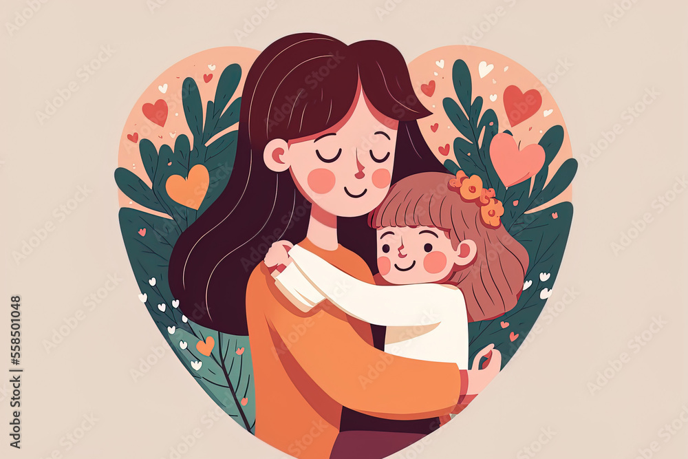 Greetings for Mother's Day. Cute little child giving her mother a heart shaped embrace. Generative AI Greetings for Mother's Day. Cute little child giving her mother a heart shaped embrace. Generative AI