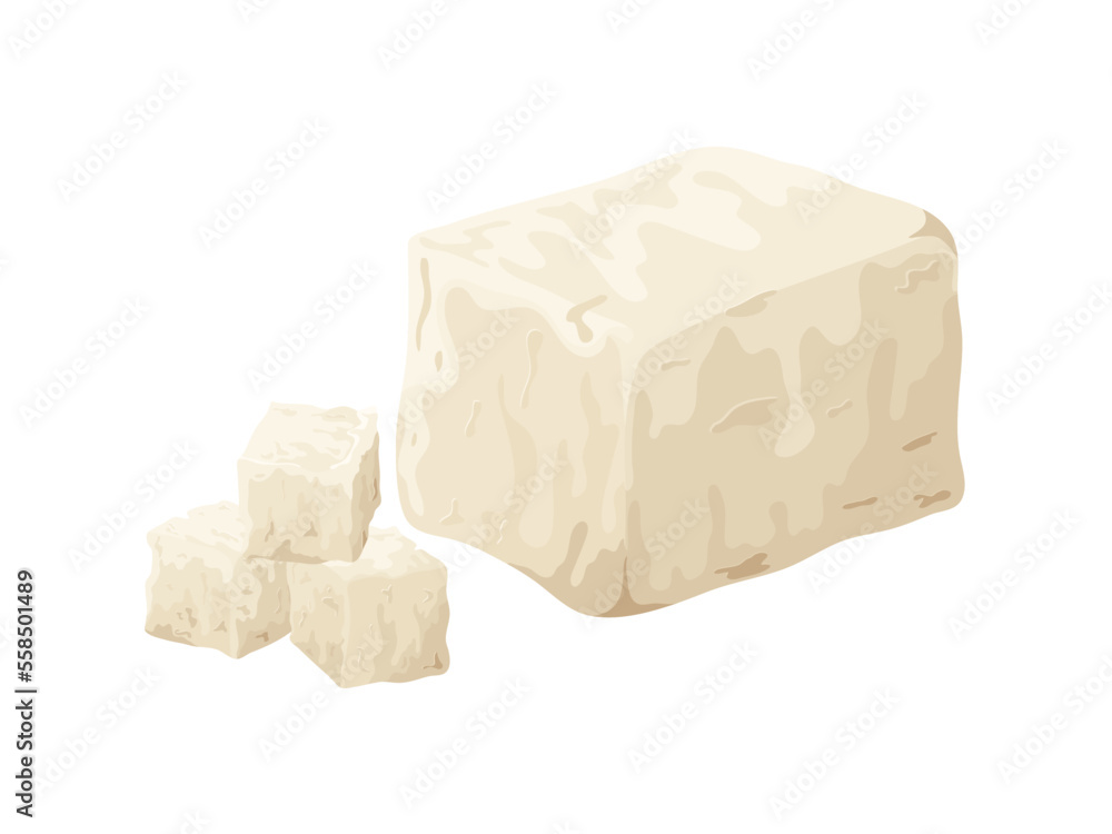 Feta soft cheese. Cartoon greek brined curd white peace made from sheeps milk. Delicious food of soy milk. Vegetarian product vector illustration Feta soft cheese. Cartoon greek brined curd white peace made from sheeps milk. Delicious food of soy milk. Vegetarian product vector illustration
