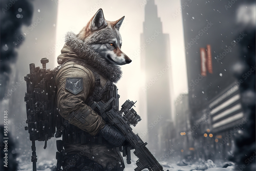 Confident cool man with gun. Wolf is a boss of soldier mafia. Animal