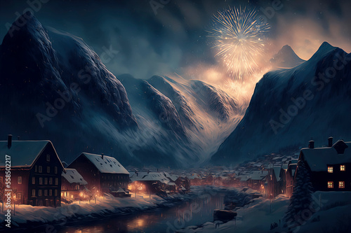 illustration of winter landscape with houses and fireworks in the sky celebrating new year's eve