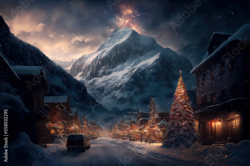 cozy winter town thats celebrating the new year with fireworks © Fernando