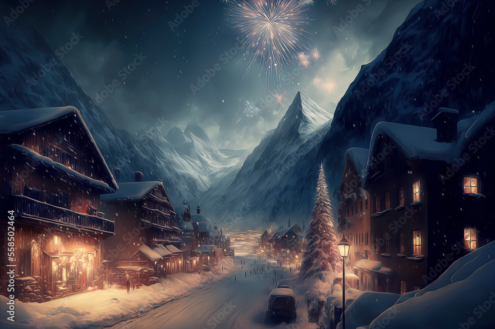 Huge glacier slowly encroaching on a cozy winter town thats celebrating New year with fireworks