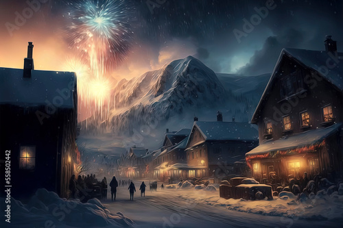 illustration of winter landscape with houses and fireworks in the sky celebrating new year s eve