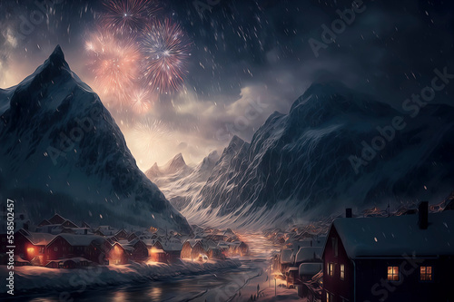 Huge glacier slowly encroaching on a cozy winter town thats celebrating New year with fireworks