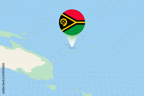 Map illustration of Vanuatu with the flag. Cartographic illustration of Vanuatu and neighboring countries.