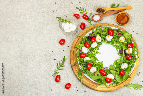 Charcuterie wreath made with mozzarella, cherry tomato, arugula. Fashionable snack, vegetarian food