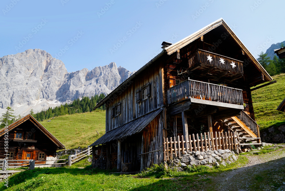 rustic wooden alpine cabins by the foot of the Dachstein mountain in the alpine village Neustatt Alm or Neustattalm in the Austrian Alps of the Schladming-Dachstein region (Steiermark, Austria) rustic wooden alpine cabins by the foot of the Dachstein mountain in the alpine village Neustatt Alm or Neustattalm in the Austrian Alps of the Schladming-Dachstein region (Steiermark, Austria)