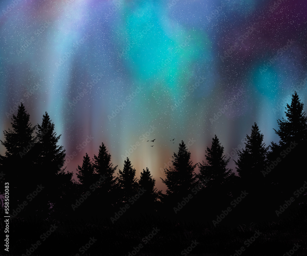 Bautiful galaxy nebula sky with siluet forest