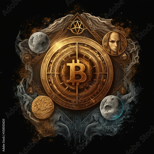 Cryptocurrency golden bitcoin coin poster. Generative AI. 