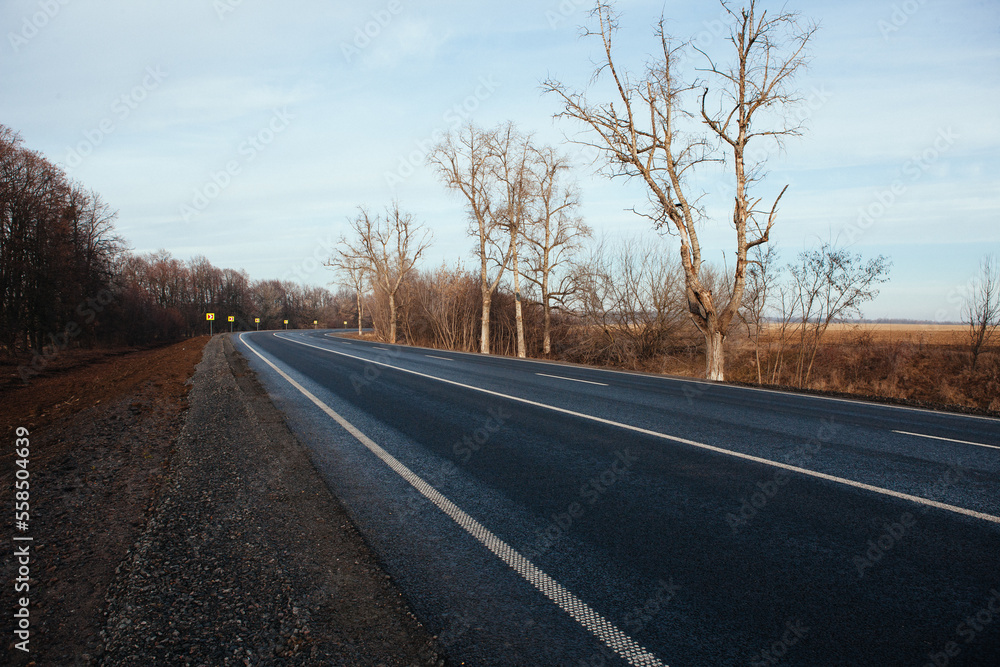 Fototapeta premium New asphalt road with markings and road signs in the sun's rays