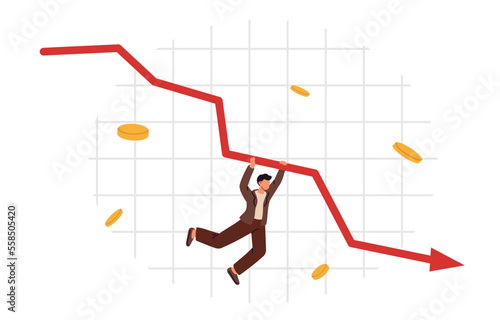 Global financial crisis, decline economy, bankruptcy. Arrow point downwards. Economic downturn. Flat vector illustration