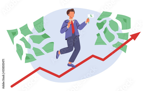 Inflation growing or goes up graph. World economy recession. Price rise, high cost shopping. Interest rate hike. Flat vector illustration