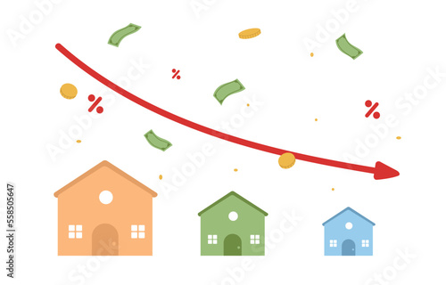 House with arrow graph down. The housing market is falling. Low prices. Flat vector illustration