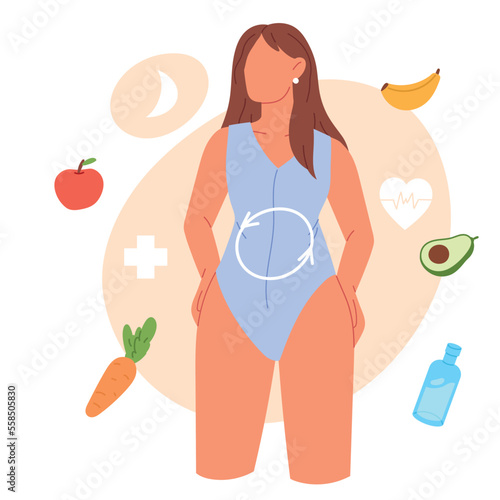 Diet and metabolism concept. Health food, dietary supplements, good digestion, female hormones, preventive medicine. Flat vector illustration