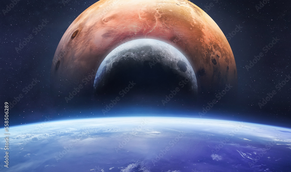 Earth surface, Moon and Mars in deep space. Solar system planets