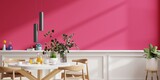 Modern style dining room interior design with viva magenta wall background.